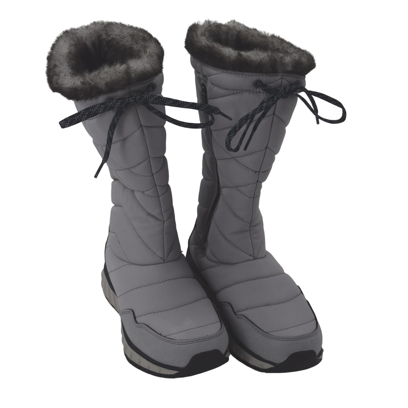 Ll Bean Ultralight Primaloft Winter Boots Gray Quilted Faux Fur Trim Tall Zip